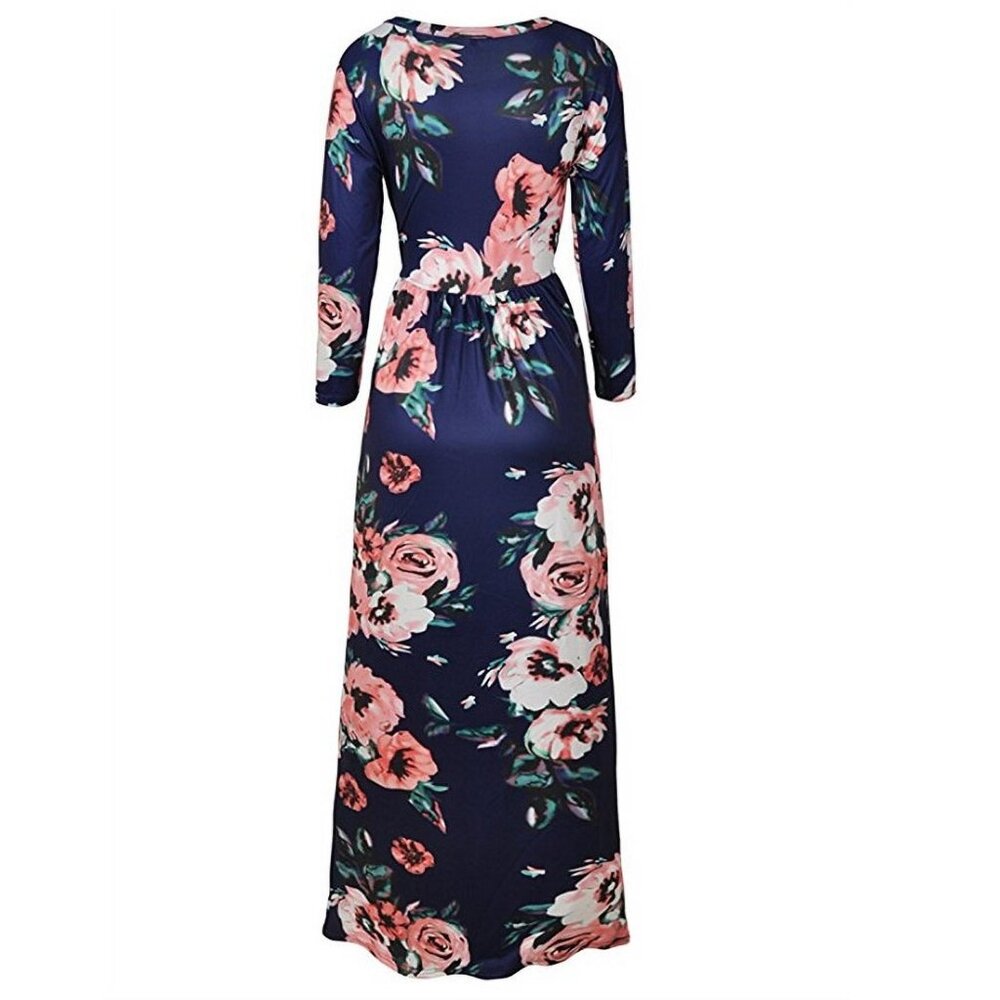 Women's Gathered Waist Navy Floral Print Bohemian Maxi Dress w/Pockets | XS-L - Picture 6 of 9